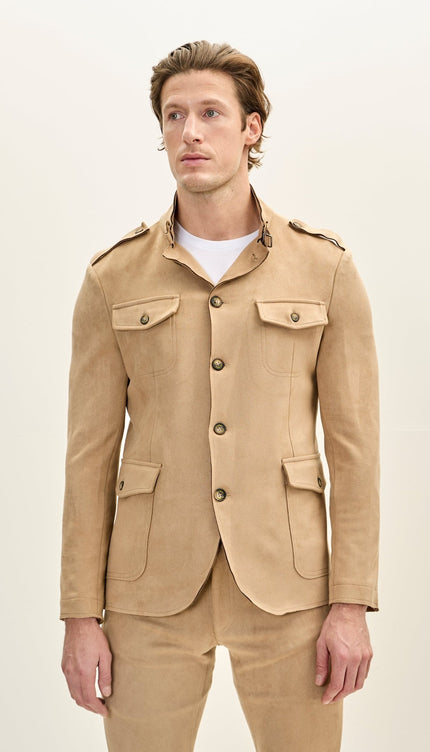 Men's Faux Suede Safari Jacket - Stone - Ron Tomson