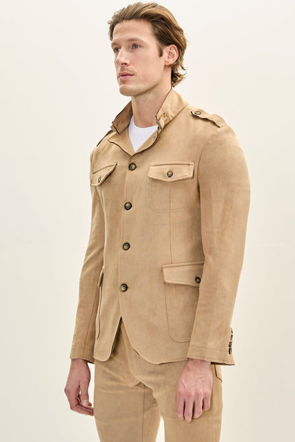 Men's Faux Suede Safari Jacket - Stone - Ron Tomson