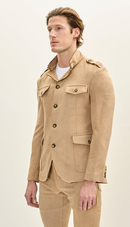 Men's Faux Suede Safari Jacket - Stone - Ron Tomson