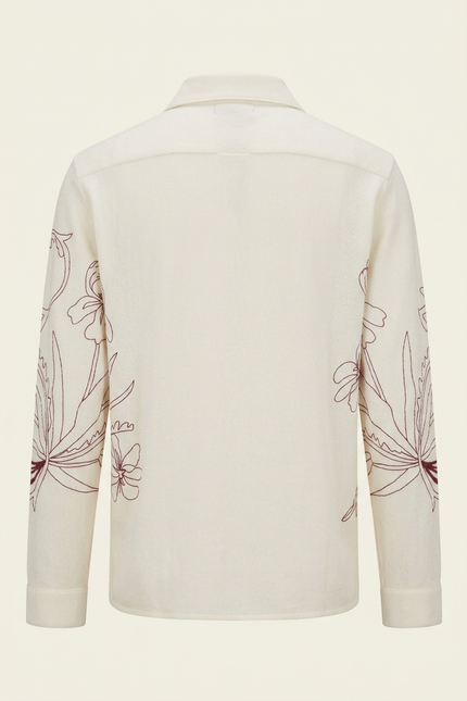 Men's Floral Embroidered Long Sleeve Shirt - Ecru - Back - Ron Tomson