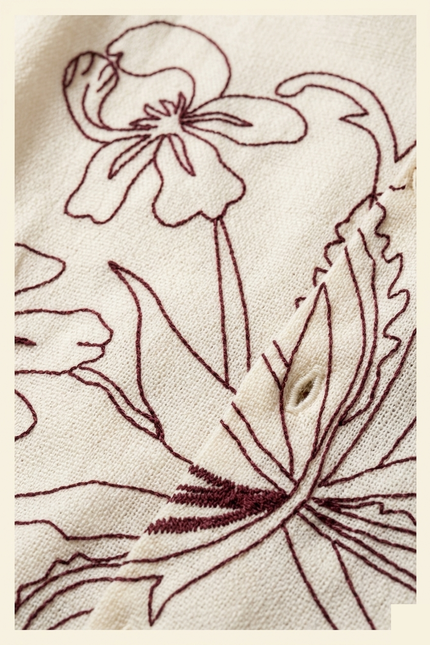 Men's Floral Embroidered Long Sleeve Shirt - Ecru - Detail - Ron Tomson
