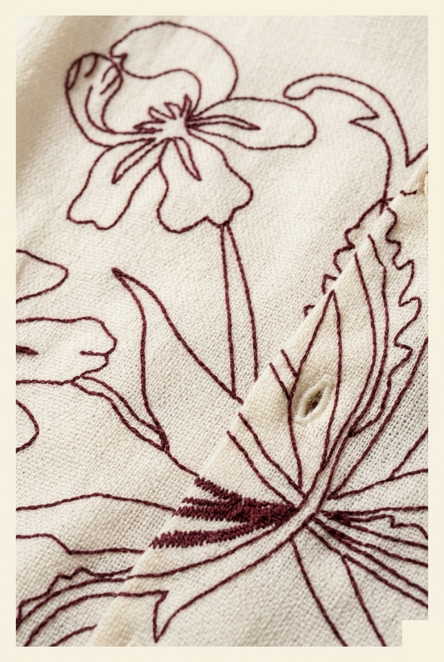 Men's Floral Embroidered Long Sleeve Shirt - Ecru - Detail - Ron Tomson