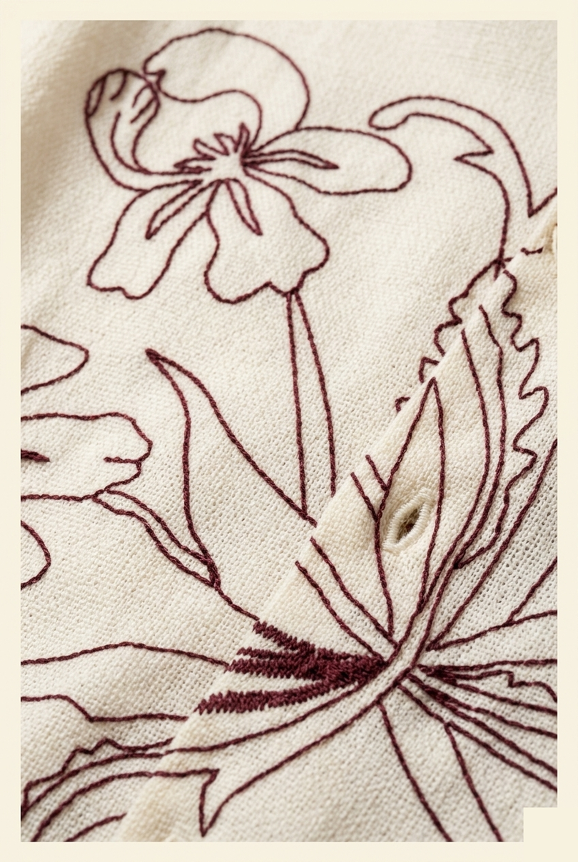 Men's Floral Embroidered Long Sleeve Shirt - Ecru - Detail - Ron Tomson