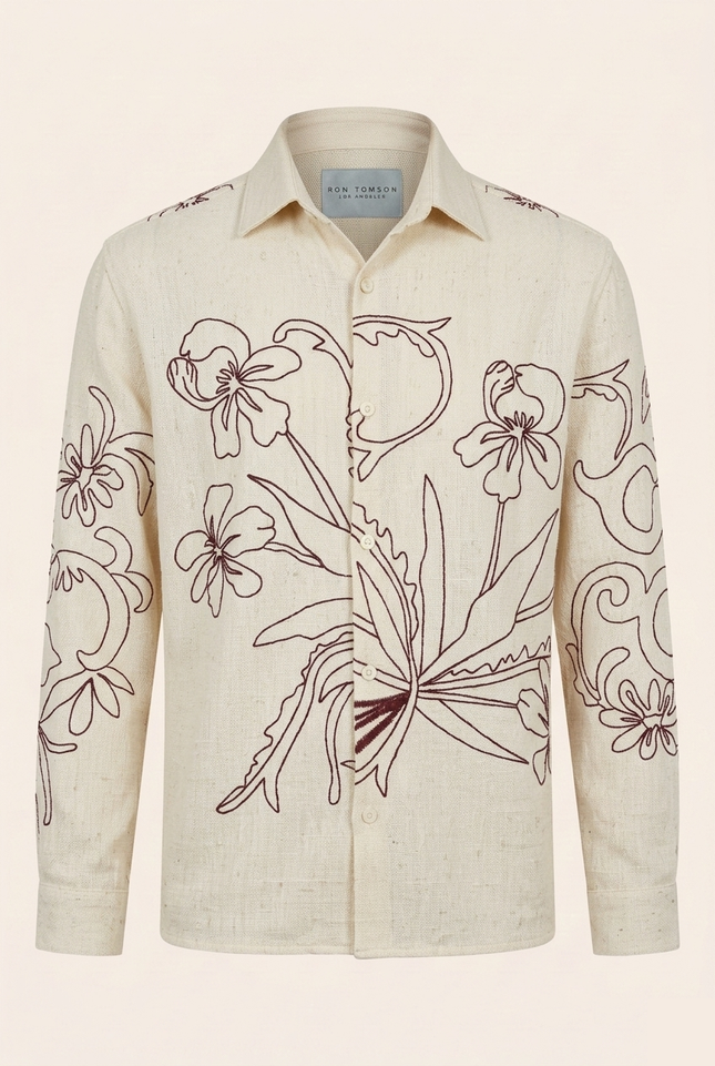 Men's Floral Embroidered Long Sleeve Shirt - Ecru - Ron Tomson