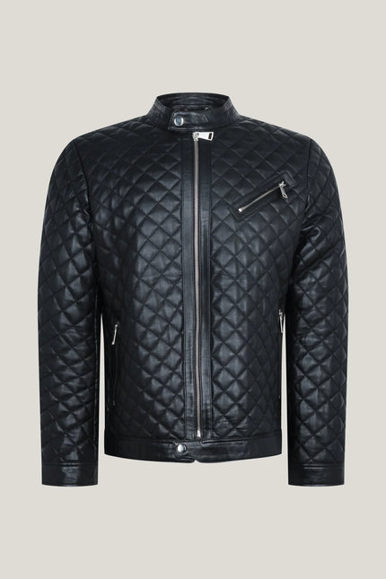Men's Fully Quilted Zipper Pockets Leather Jacket - Black - Ron Tomson Leather