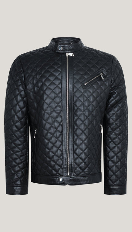 Men's Fully Quilted Zipper Pockets Leather Jacket - Black - Ron Tomson