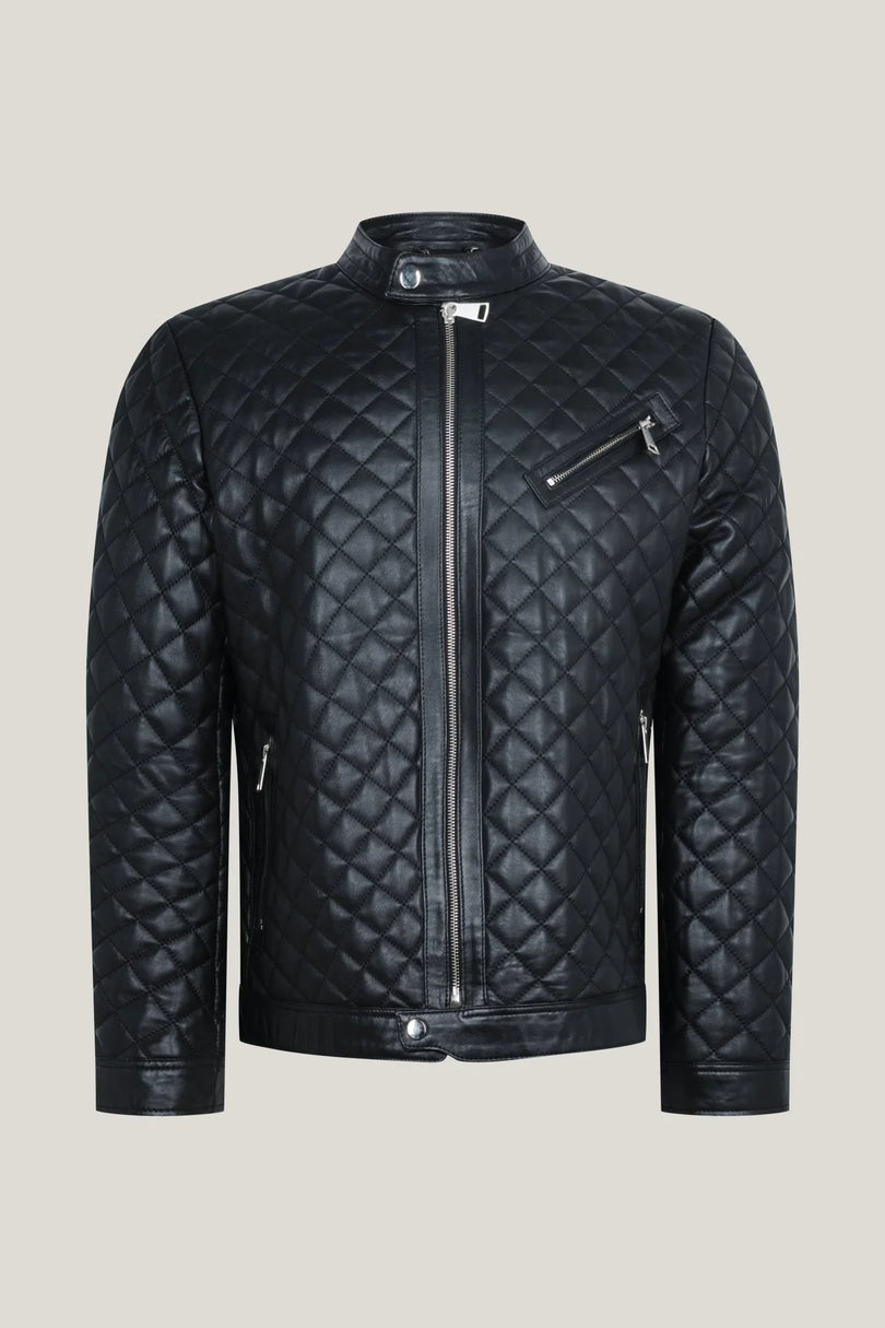 Men's Fully Quilted Zipper Pockets Leather Jacket - Black - Ron Tomson Leather