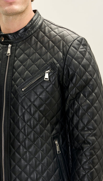 Men's Fully Quilted Zipper Pockets Leather Jacket - Black - Ron Tomson