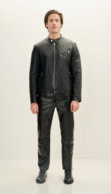 Men's Fully Quilted Zipper Pockets Leather Jacket - Black - Ron Tomson