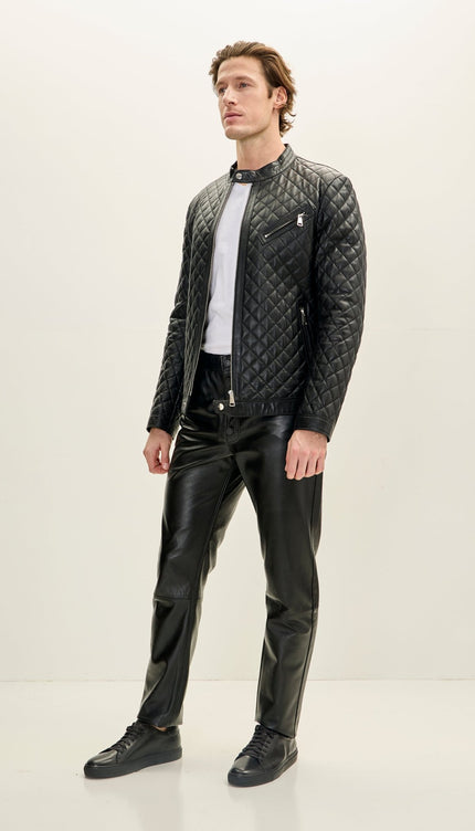 Men's Fully Quilted Zipper Pockets Leather Jacket - Black - Ron Tomson