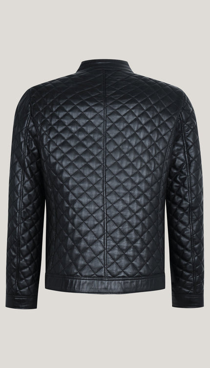 Men's Fully Quilted Zipper Pockets Leather Jacket - Black - Ron Tomson