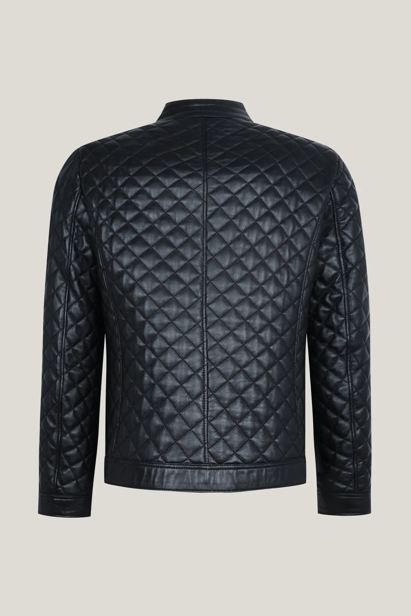 Men's Fully Quilted Zipper Pockets Leather Jacket - Black - Ron Tomson Leather