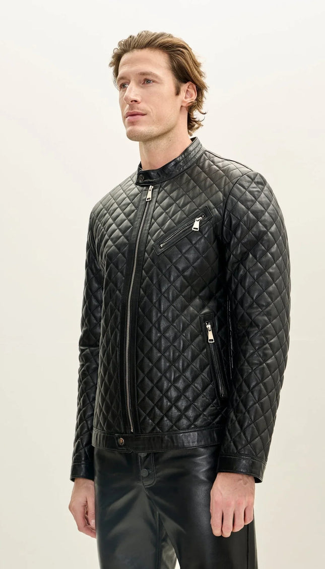 Men's Fully Quilted Zipper Pockets Leather Jacket - Black - Ron Tomson