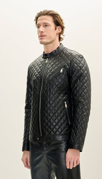 Men's Fully Quilted Zipper Pockets Leather Jacket - Black - Ron Tomson