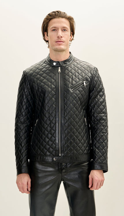 Men's Fully Quilted Zipper Pockets Leather Jacket - Black - Ron Tomson