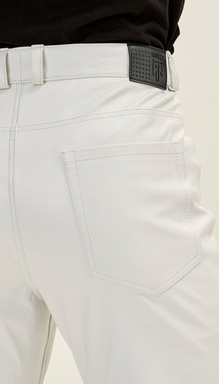 Men's Genuine Lambskin Button Detail Leather Pants - White - Ron Tomson