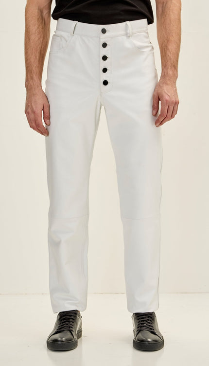 Men's Genuine Lambskin Button Detail Leather Pants - White - Ron Tomson