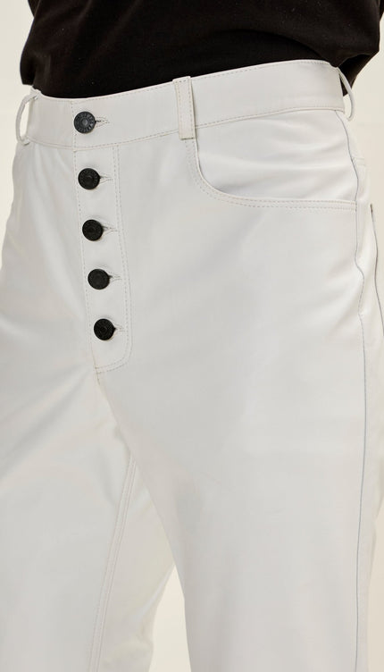 Men's Genuine Lambskin Button Detail Leather Pants - White - Ron Tomson