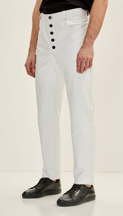 Men's Genuine Lambskin Button Detail Leather Pants - White - Ron Tomson