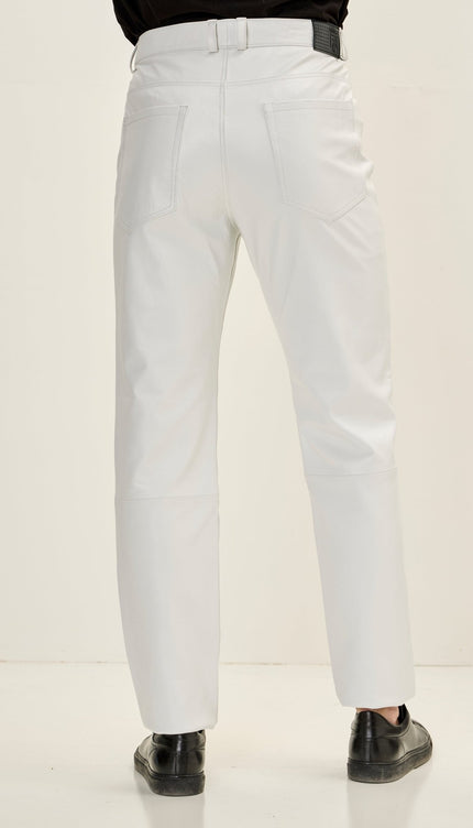 Men's Genuine Lambskin Button Detail Leather Pants - White - Ron Tomson