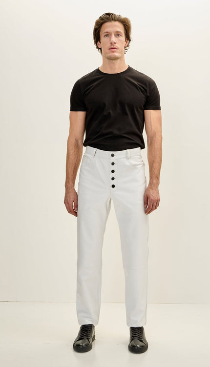 Men's Genuine Lambskin Button Detail Leather Pants - White - Ron Tomson