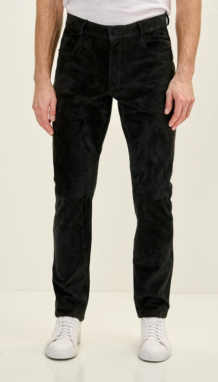 Men's Genuine Lambskin Fitted Suede Pants - Black - Ron Tomson