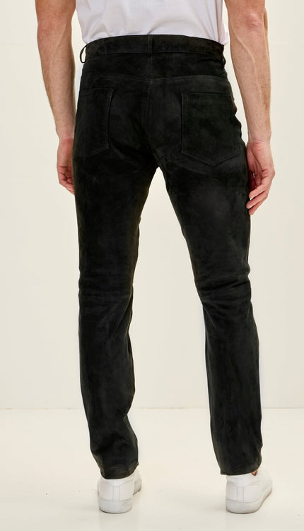 Men's Genuine Lambskin Fitted Suede Pants - Black - Ron Tomson