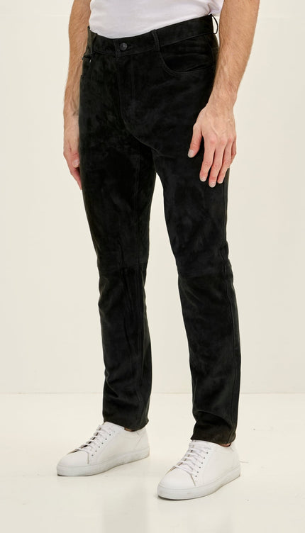 Men's Genuine Lambskin Fitted Suede Pants - Black - Ron Tomson