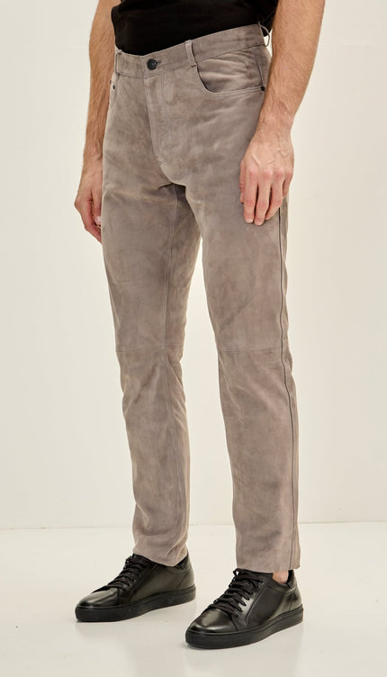 Men's Genuine Lambskin Fitted Suede Pants - Grey - Ron Tomson