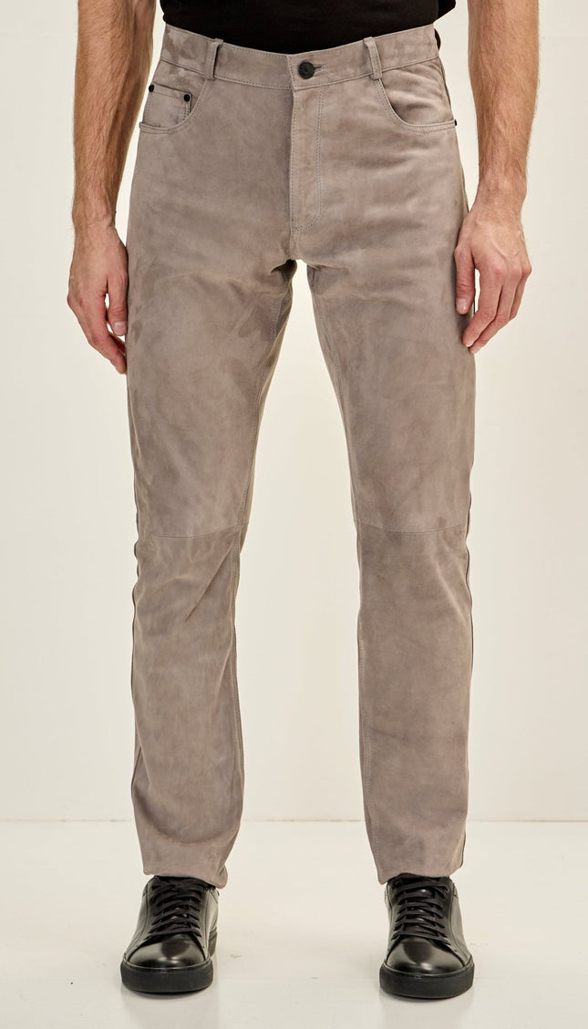 Men's Genuine Lambskin Fitted Suede Pants - Grey - Ron Tomson