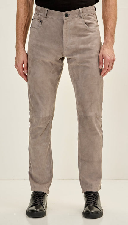 Men's Genuine Lambskin Fitted Suede Pants - Grey - Ron Tomson