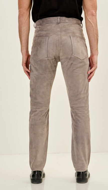 Men's Genuine Lambskin Fitted Suede Pants - Grey - Ron Tomson