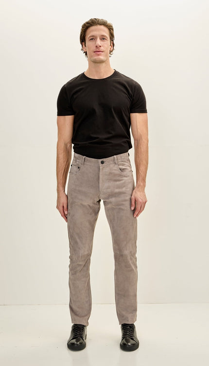 Men's Genuine Lambskin Fitted Suede Pants - Grey - Ron Tomson