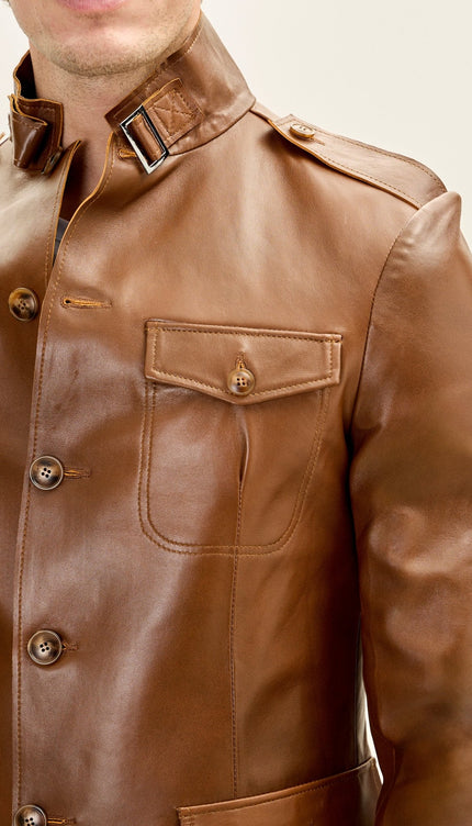 Men's Genuine Leather Safari Jacket - Brown - Ron Tomson