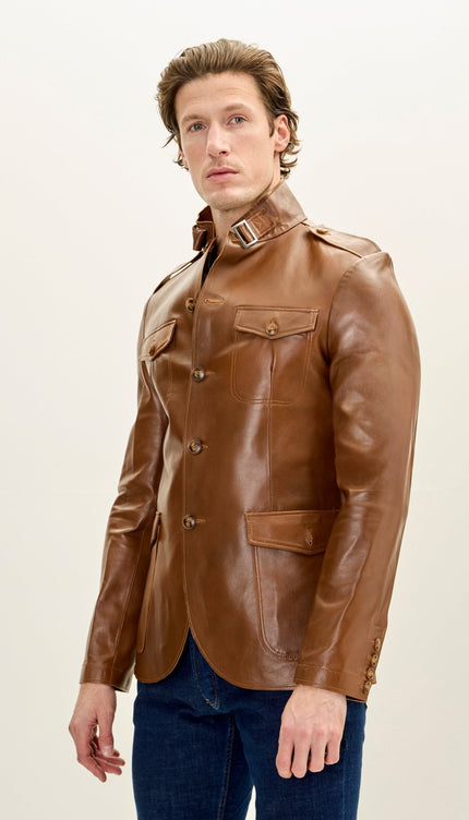 Men's Genuine Leather Safari Jacket - Brown - Ron Tomson