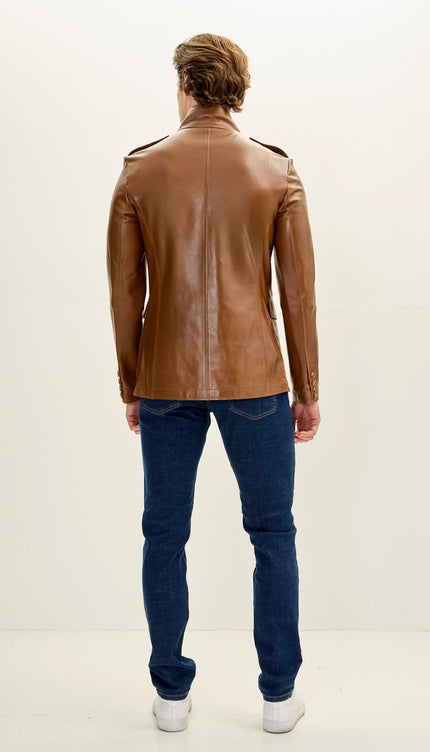 Men's Genuine Leather Safari Jacket - Brown - Ron Tomson