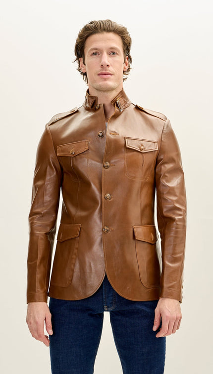 Men's Genuine Leather Safari Jacket - Brown - Ron Tomson