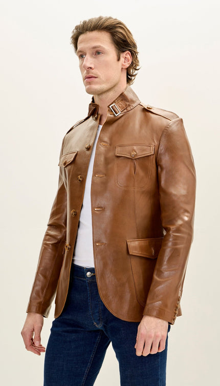 Men's Genuine Leather Safari Jacket - Brown - Ron Tomson