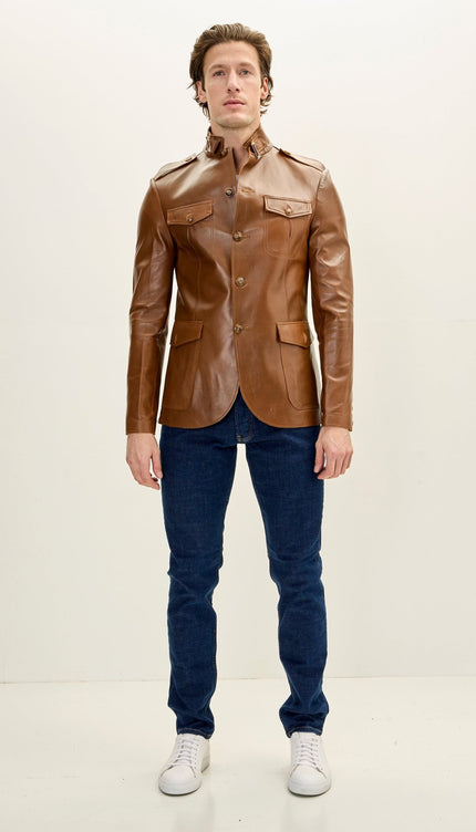 Men's Genuine Leather Safari Jacket - Brown - Ron Tomson