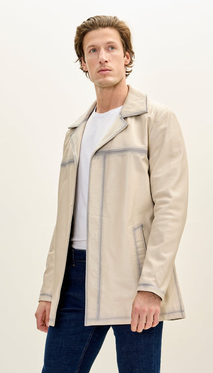 Men's Genuine Leather Tinted Car Coat - Beige - Ron Tomson