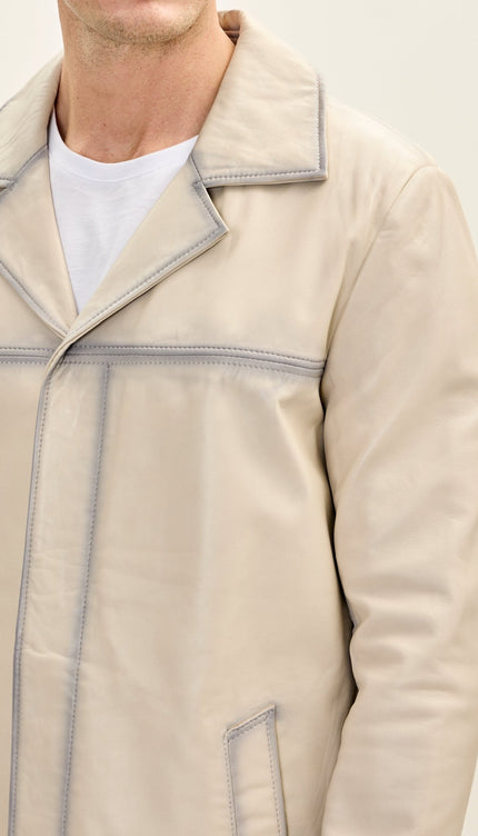 Men's Genuine Leather Tinted Car Coat - Beige - Ron Tomson