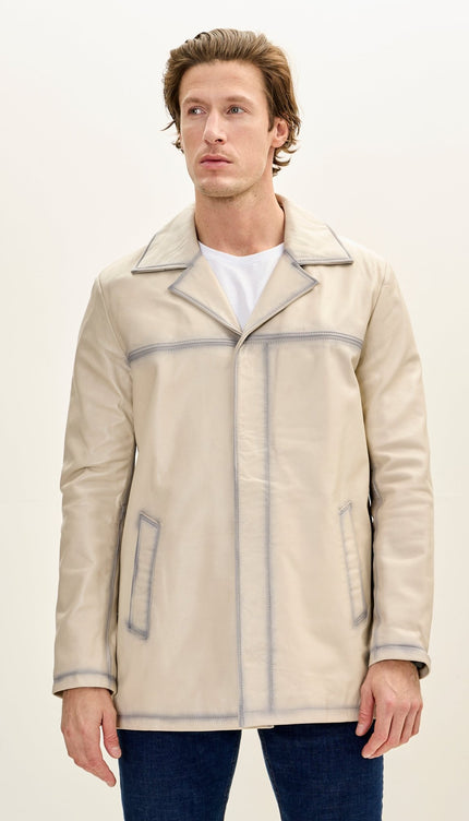 Men's Genuine Leather Tinted Car Coat - Beige - Ron Tomson