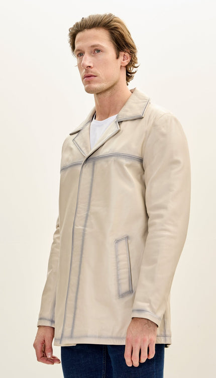 Men's Genuine Leather Tinted Car Coat - Beige - Ron Tomson