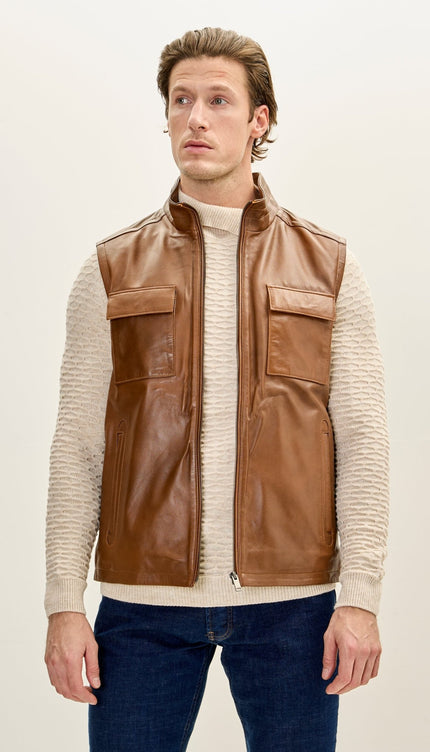 Men's Genuine Leather Utility Pockets Vest - Brown - Ron Tomson