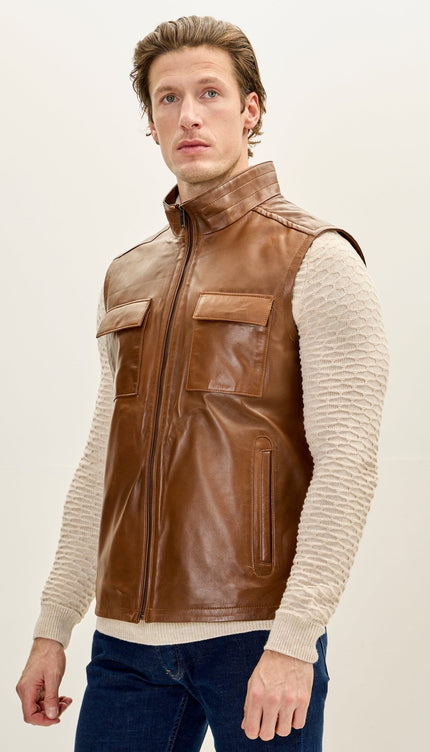 Men's Genuine Leather Utility Pockets Vest - Brown - Ron Tomson