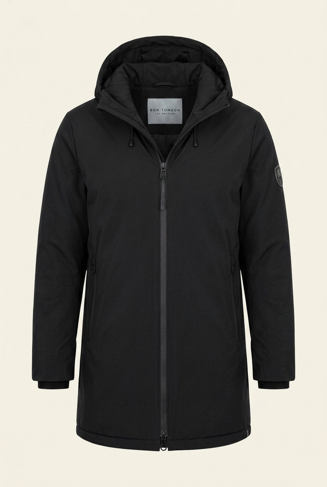 Men's Hooded Winter Parka - Black - Front - Ron Tomson