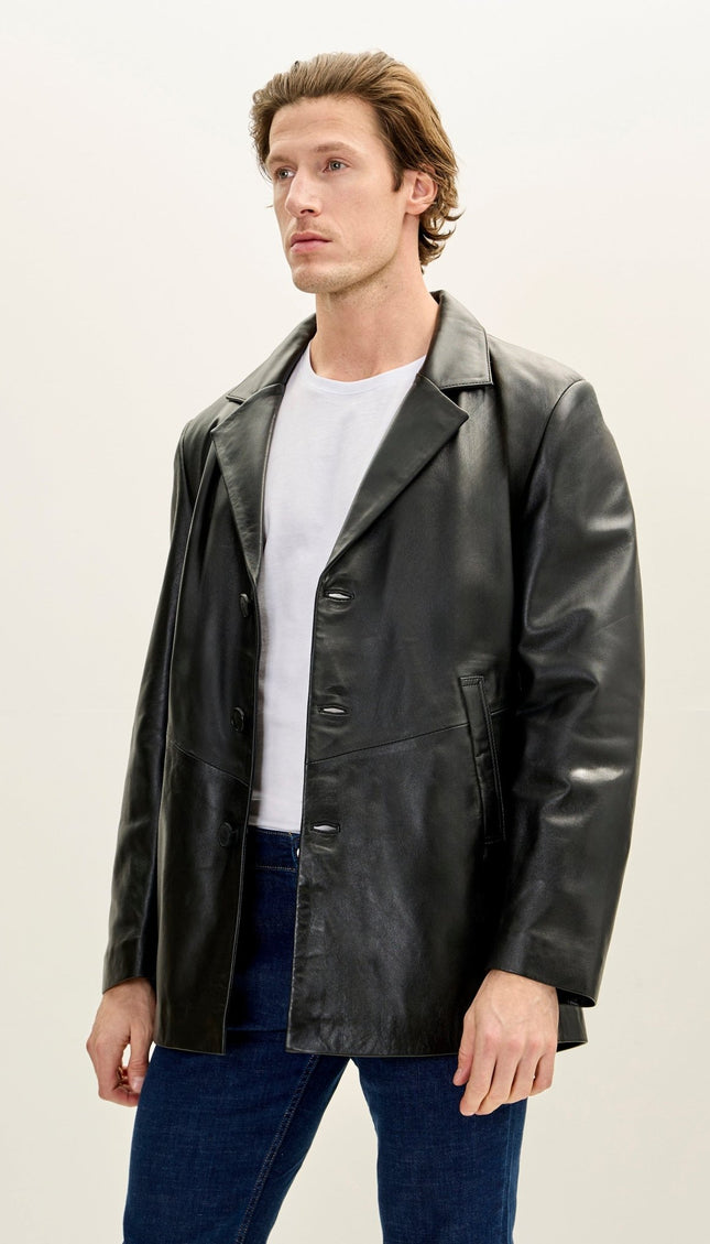 Men's Notch Lapel 3 - buttons Longline Leather Jacket - Black - Ron Tomson