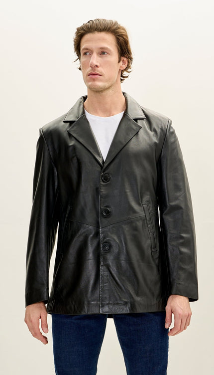 Men's Notch Lapel 3 - buttons Longline Leather Jacket - Black - Ron Tomson