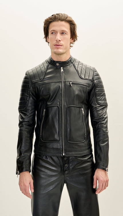 Men's Piping Details Leather Biker Jacket - Black - Ron Tomson