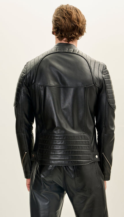 Men's Piping Details Leather Biker Jacket - Black - Ron Tomson